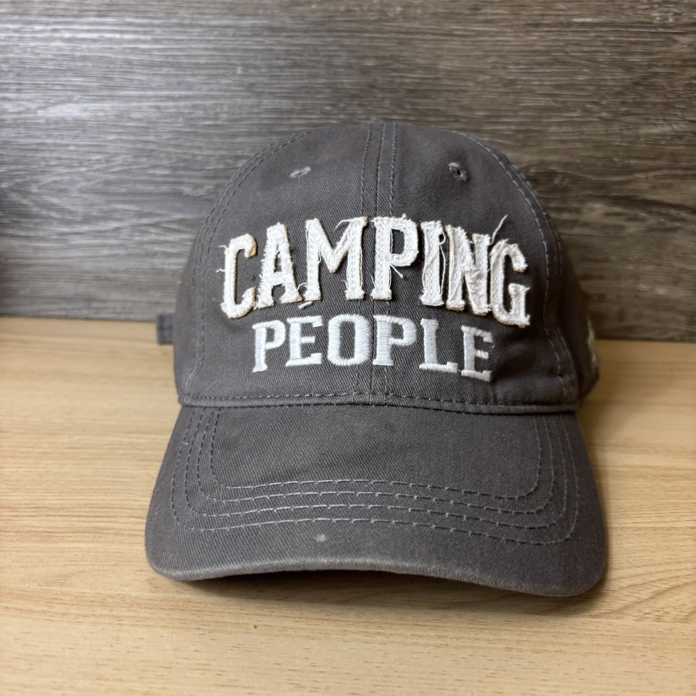 Camping People Hat Cap Strap Back Gray Embroidered Outdoors Slogan Mens